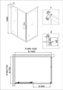 Душевое ограждение Niagara Nova NG-42-10AG-A70G (100х70х195) прямоугольник,золото,двери раздвижные,стекло прозрачное,2 места