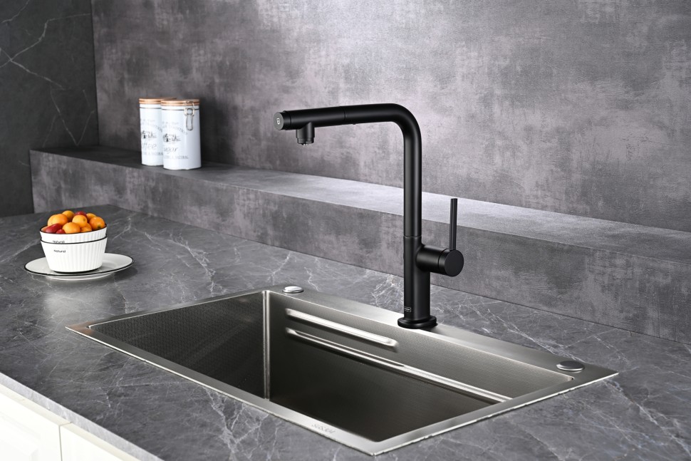 AQM9903MB Cucina Смеситель для кухни с выдвижным L-образным изливом, с подключением к фильтру с питьевой водой, черный матовый