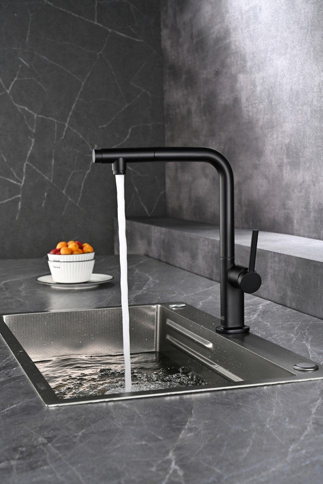AQM9903MB Cucina Смеситель для кухни с выдвижным L-образным изливом, с подключением к фильтру с питьевой водой, черный матовый