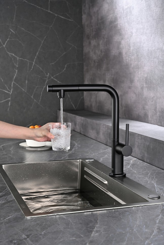 AQM9903MB Cucina Смеситель для кухни с выдвижным L-образным изливом, с подключением к фильтру с питьевой водой, черный матовый