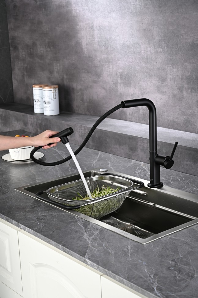 AQM9903MB Cucina Смеситель для кухни с выдвижным L-образным изливом, с подключением к фильтру с питьевой водой, черный матовый