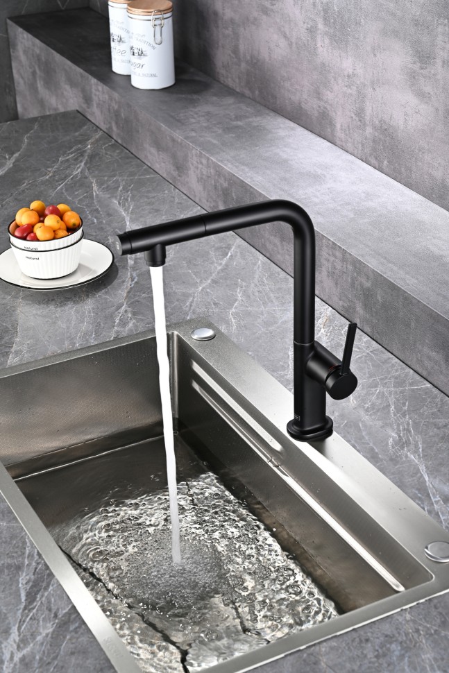 AQM9903MB Cucina Смеситель для кухни с выдвижным L-образным изливом, с подключением к фильтру с питьевой водой, черный матовый
