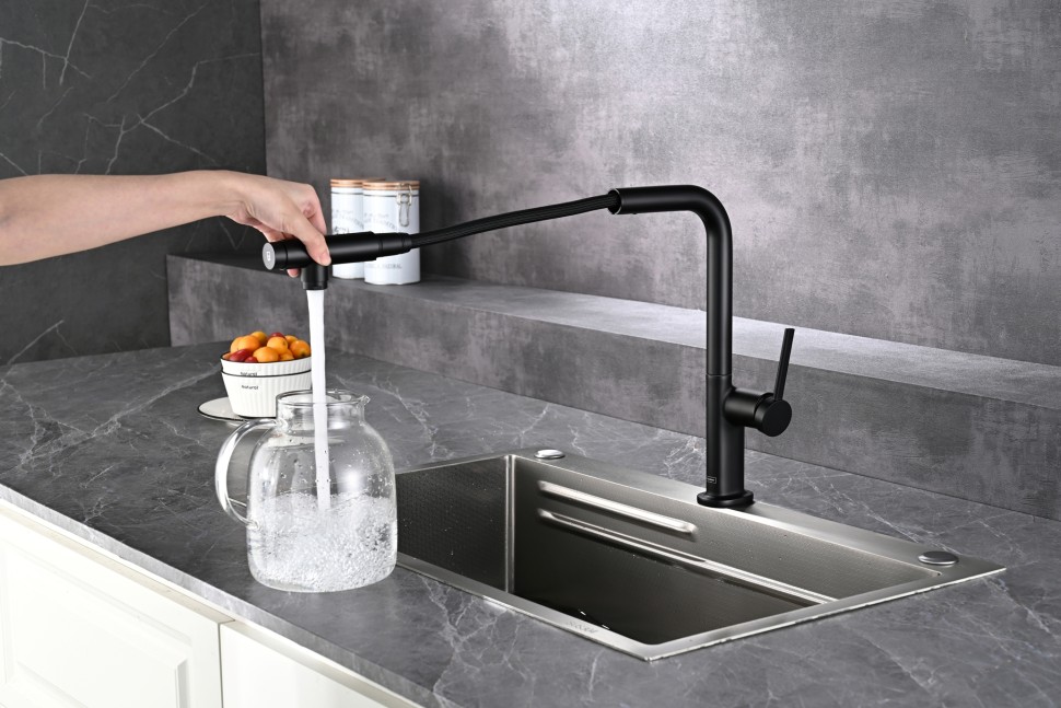AQM9903MB Cucina Смеситель для кухни с выдвижным L-образным изливом, с подключением к фильтру с питьевой водой, черный матовый