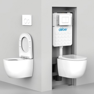 Комплект подвесной унитаз ABBER Bequem AC1100T белый с инсталляцией AC0105 и кнопкой AC0120MMG золото матовое