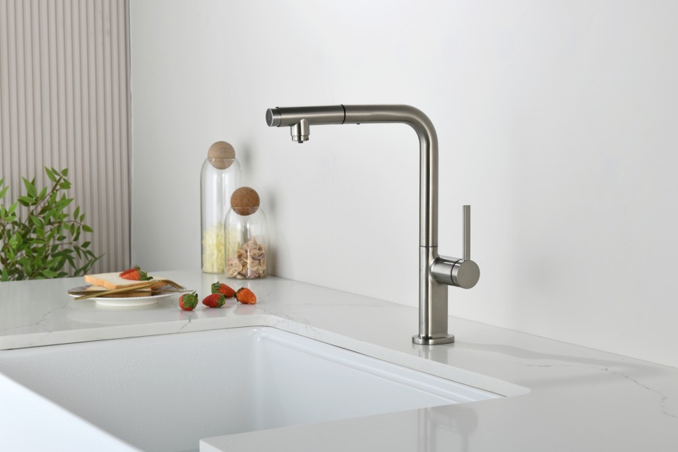 AQM9903BN Cucina Смеситель для кухни с выдвижным L-образным изливом, с подключением к фильтру с питьевой водой, никель шлифованный