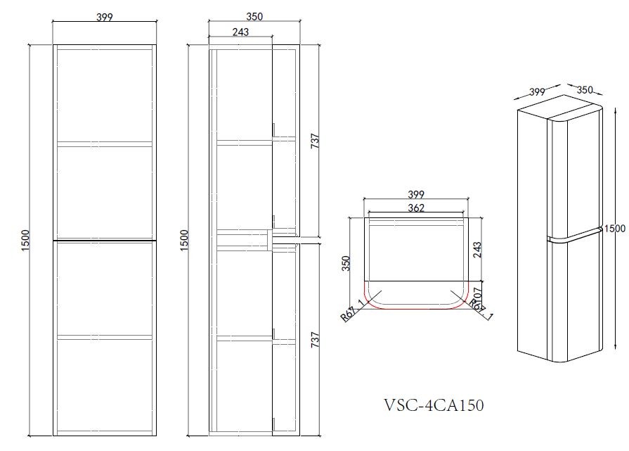 Шкаф Vincea Caprise VSC-4CA150MG-R подвесной, правый, 1500*404*350, серый матовый
