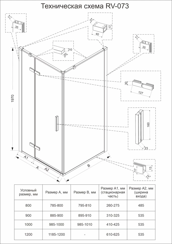 Душевой угол распашной Veconi RV073GR-12080-01-C4  