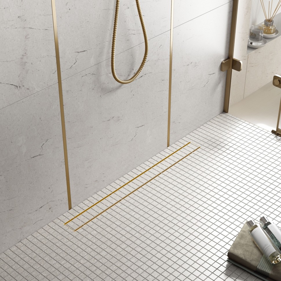 Душевой лоток TIMO Drain System 900 с двусторонней панелью "plate" под плитку, Золото матовое