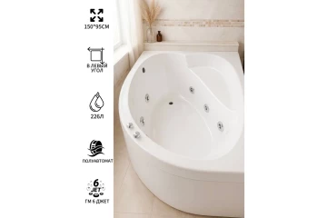 Комплект Акриловая ванна TIMO IVA1595L 150*95*70+Каркас + Слив-перелив+Гидромассаж 6 форсунок+Фронтальная панель