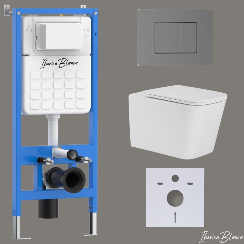 Комплект 3в1 IBERICA BLANCA инсталляция SILENCIO, унитаз TOLEDO ALTO белый, кнопка смыва INOX-C вороненая сталь (IB001.TLA.231.1180)