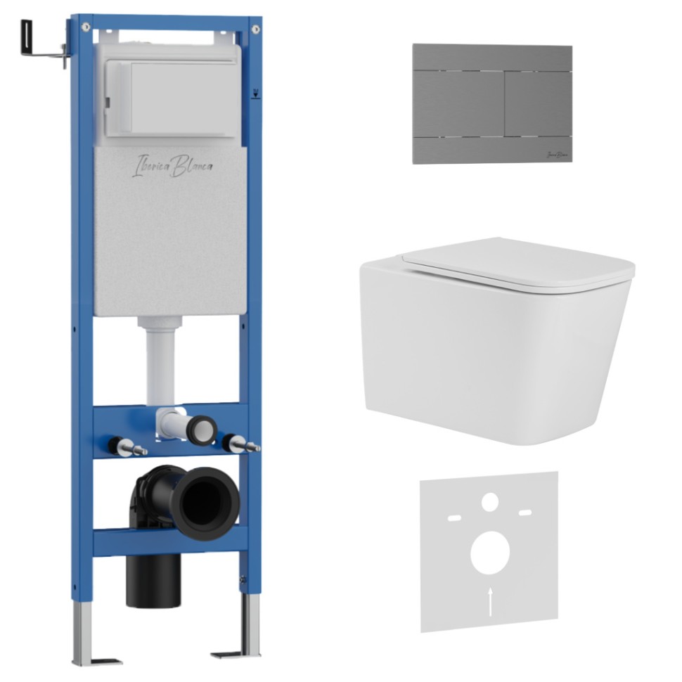 Комплект 3в1 IBERICA BLANCA инсталляция SILENCIO MINI, унитаз TOLEDO ALTO белый, кнопка смыва INOX-R вороненая сталь (IB.001M.TLA.231.1502)