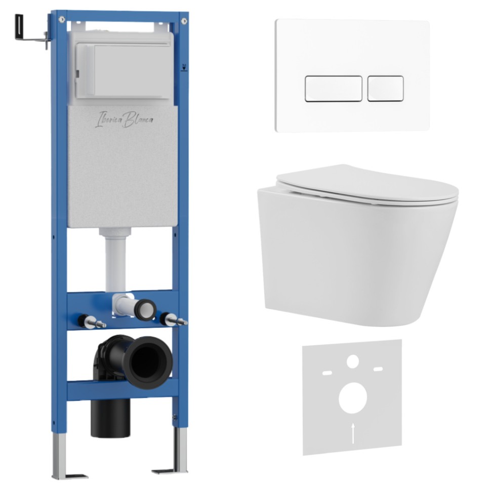 Комплект 3в1 IBERICA BLANCA инсталляция SILENCIO MINI, унитаз BURGOS ALTO белый, кнопка смыва ESTI-R белый глянцевый (IB.001M.BRA.231.211)