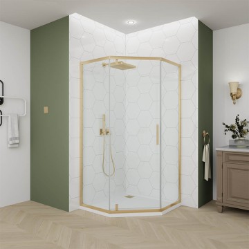 Душевой угол Veconi Ottimo P10 G, 1000x1000x1900, золото брашинг, стекло прозрачное