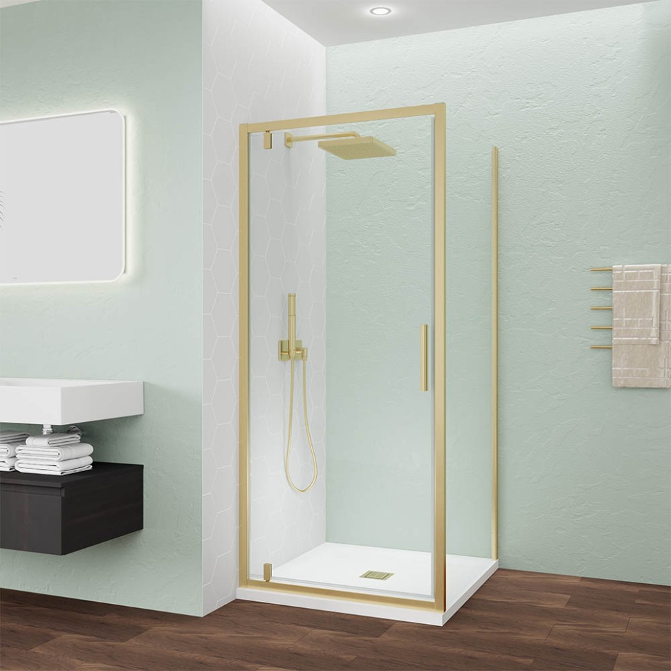 Душевой угол Veconi Ottimo P30SP G, 800х800х1900 золото брашинг, стекло прозрачное