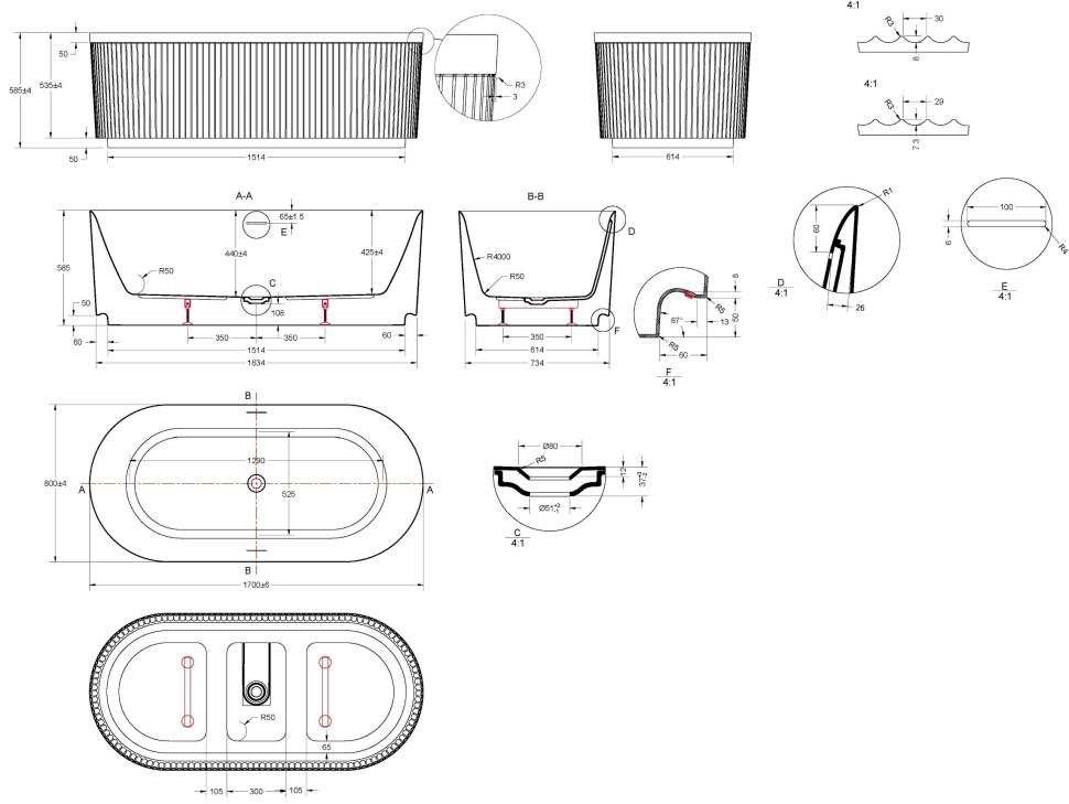 Ванна акриловая Vincea VBT-709-1700MA, 1700*800*585, цвет матовый антрацит/белый, щелевой перелив, слив белый