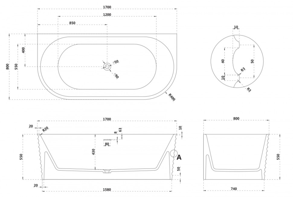 Ванна из искусственного камня ABBER Stein AS9652 белая матовая