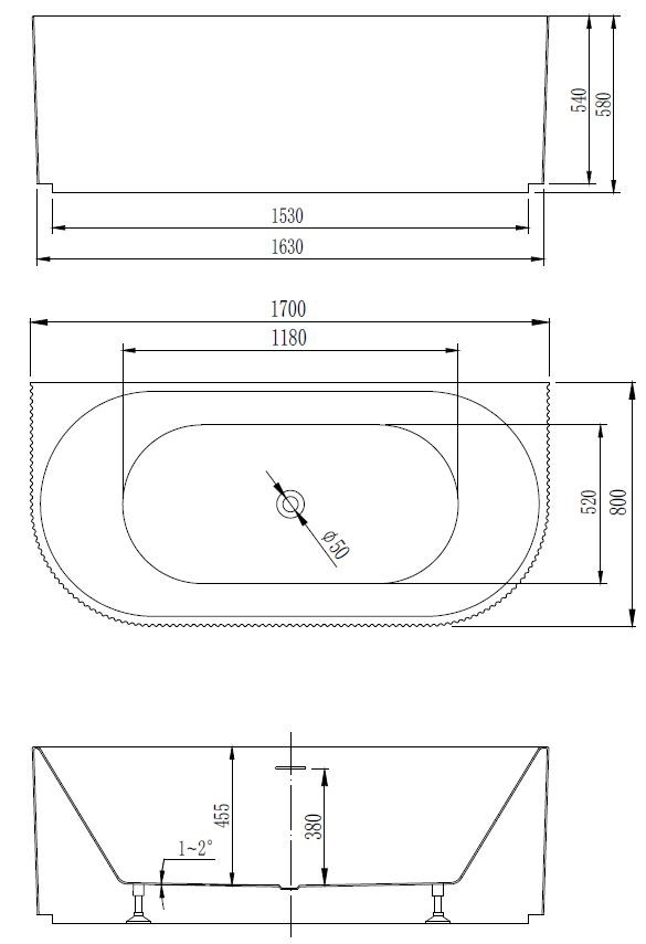Ванна акриловая Vincea VBT-4291-1700, 1700*800*580, цвет белый, щелевой перелив