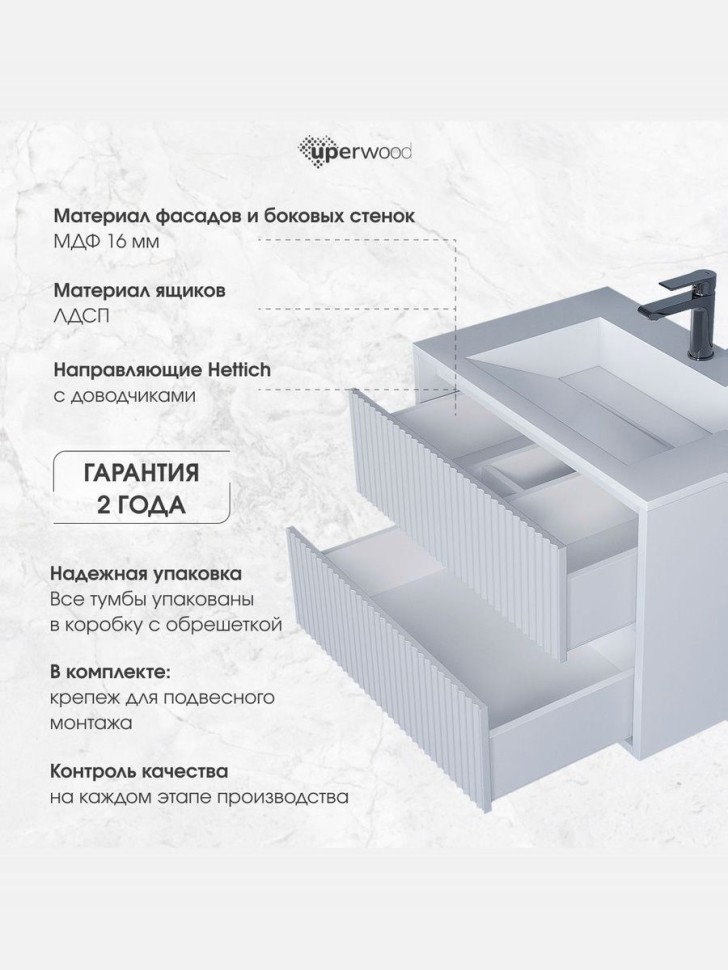 Тумба под раковину для ванной Uperwood Next Premium подвесная, 80 см, белая, 2 ящика