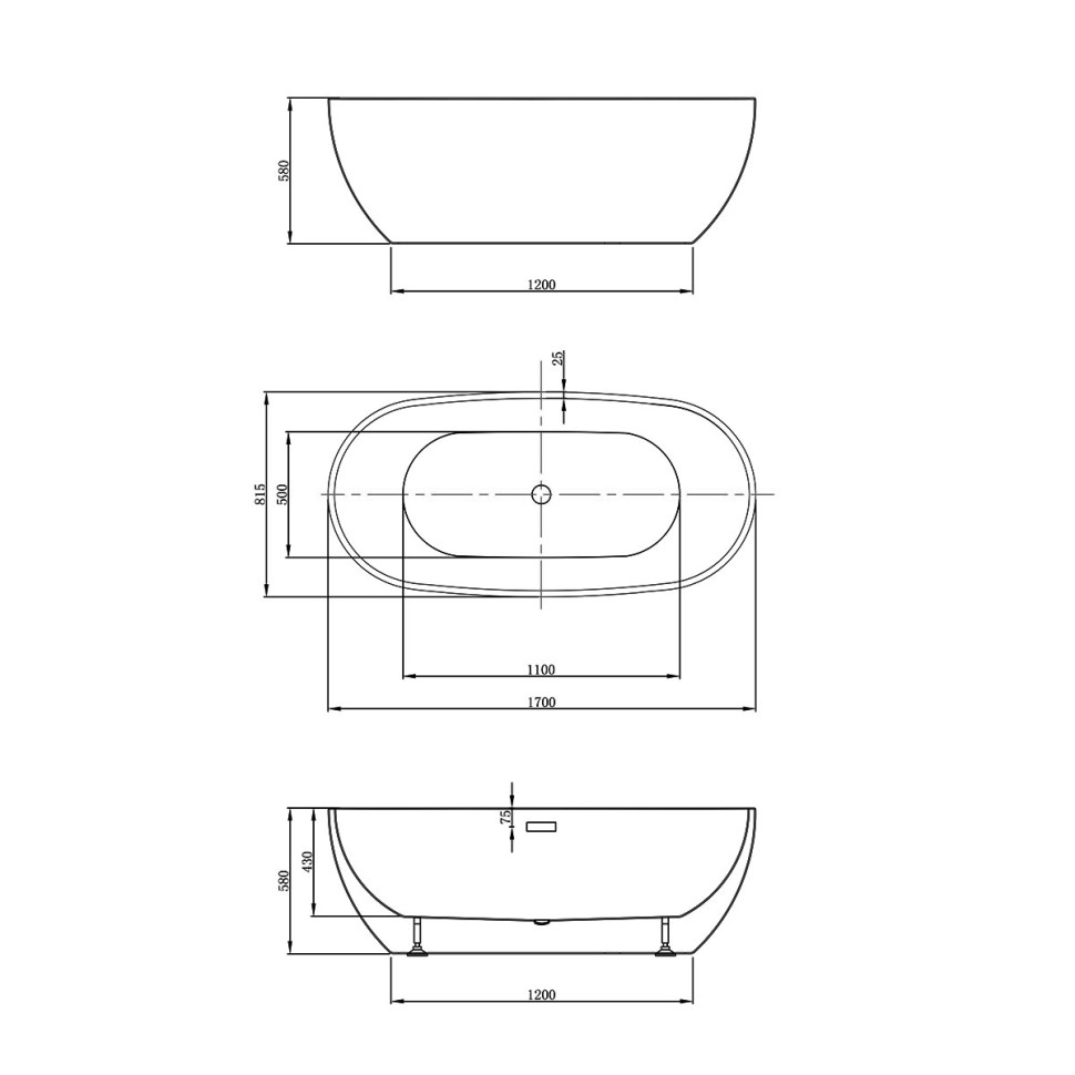 Ванна акриловая Vincea VBT-408-1700MW, 1700*815*580, цвет белый матовый, щелевой перелив