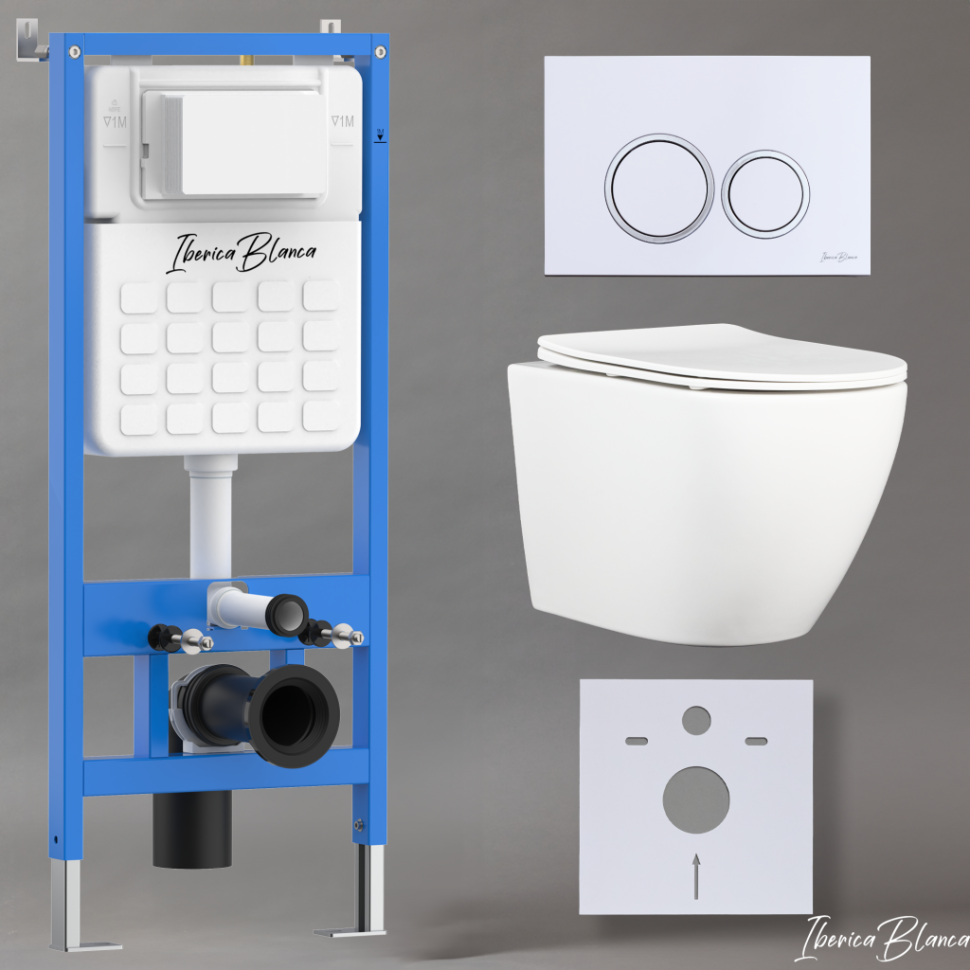 Комплект 3в1 IBERICA BLANCA инсталляция SILENCIO, унитаз BILBAO ALTO белый, кнопка смыва ESTI-O белый глянцевый (IB001.BLA.231.821)