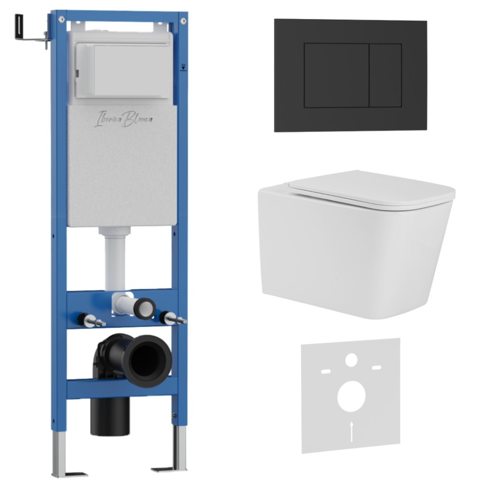 Комплект 3в1 IBERICA BLANCA инсталляция SILENCIO MINI, унитаз TOLEDO ALTO белый, кнопка смыва ESTI-S черный матовый (IB.001M.TLA.234.851)