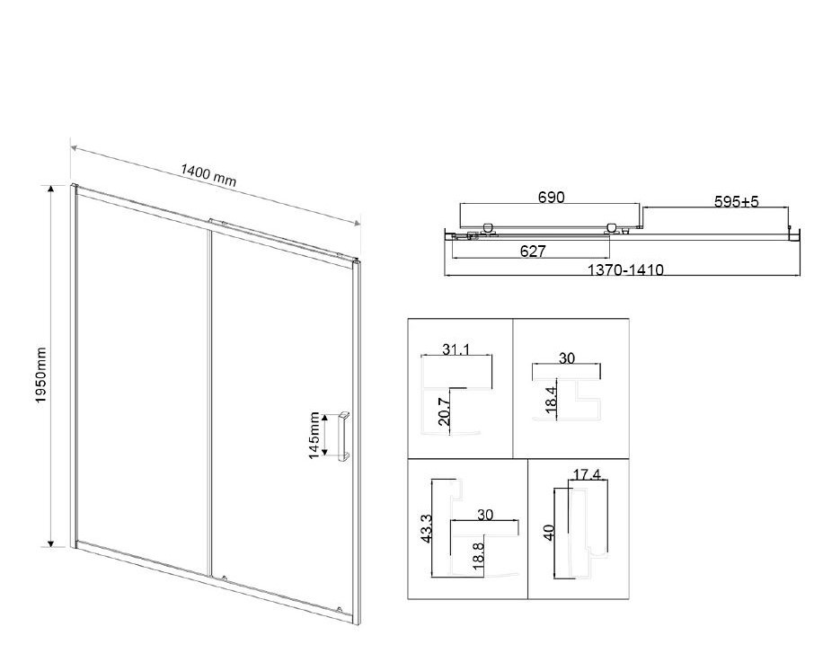 Душевая дверь City VDS-5CT140CLGM, 1400, вороненая сталь, стекло прозрачное