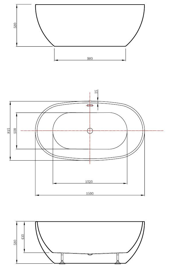 Ванна акриловая Vincea VBT-408-1500, 1500*815*580, цвет белый, щелевой перелив