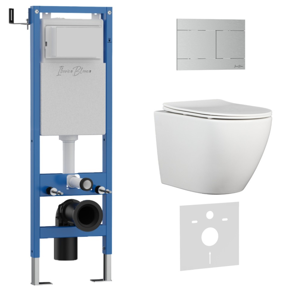 Комплект 3в1 IBERICA BLANCA инсталляция SILENCIO MINI, унитаз BILBAO ALTO белый, кнопка смыва INOX-R хром матовый (IB.001M.BLA.231.1501)