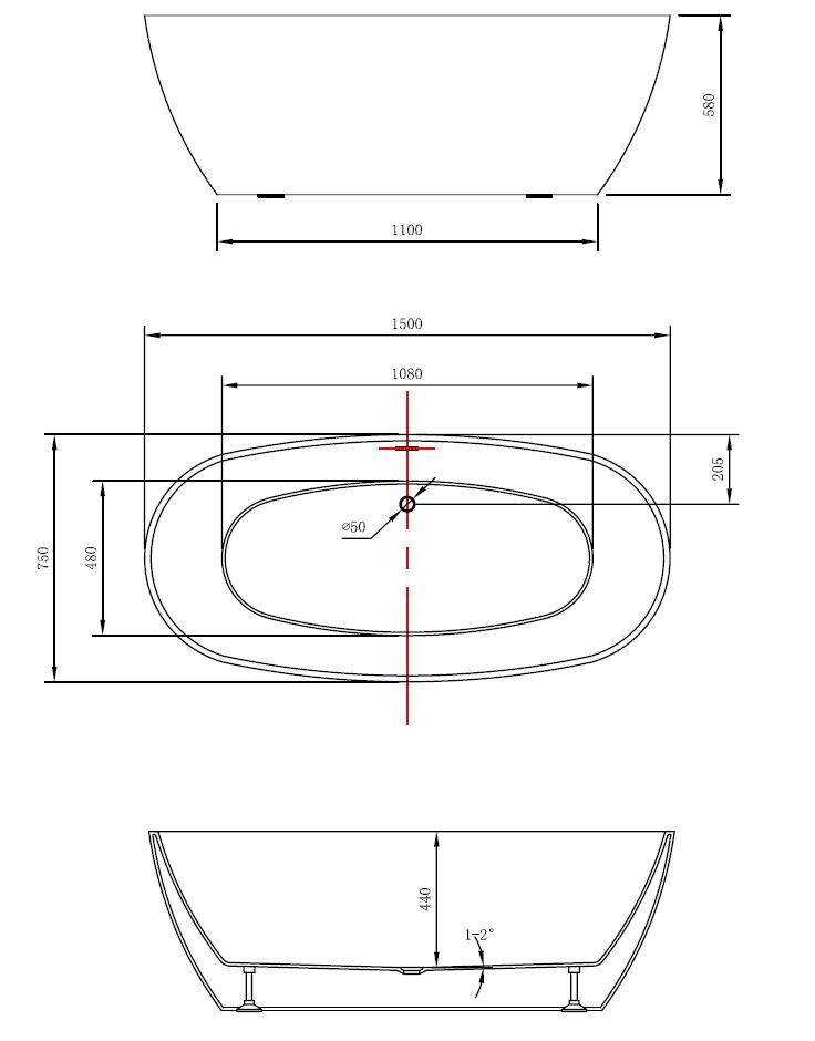 Ванна акриловая Vincea VBT-405-1500, 1500*750*580, цвет белый, щелевой перелив