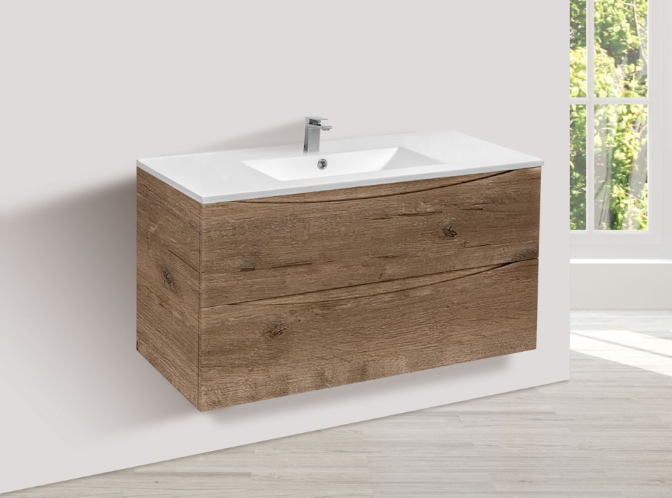 База под керамическую раковину Mia 1000 подвесная, 2 выкатных ящика soft close, V.Oak