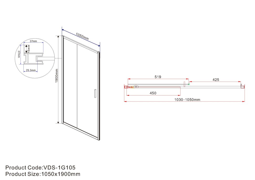 Душевая дверь Garda VDS-1G105CH, 1050, хром, стекло шиншилла