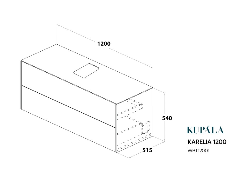 Тумба 1200x515x540 для монтажа с мебельной раковиной WB121001R (правая версия) или WB121001L (левая версия)