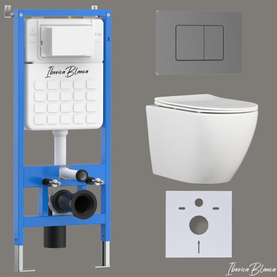 Комплект 3в1 IBERICA BLANCA инсталляция SILENCIO, унитаз BILBAO ALTO белый, кнопка смыва INOX-C вороненая сталь (IB001.BLA.231.1180)