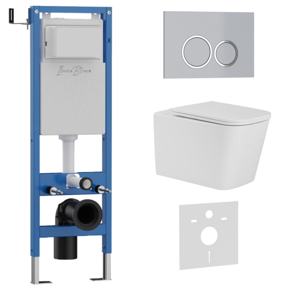 Комплект 3в1 IBERICA BLANCA инсталляция SILENCIO MINI, унитаз TOLEDO ALTO белый, кнопка смыва ESTI-O хром матовый (IB.001M.TLA.234.824)
