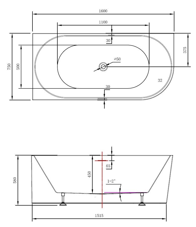 Ванна акриловая Vincea VBT-402-1600L, 1600*750*580, цвет белый, левая, щелевой перелив