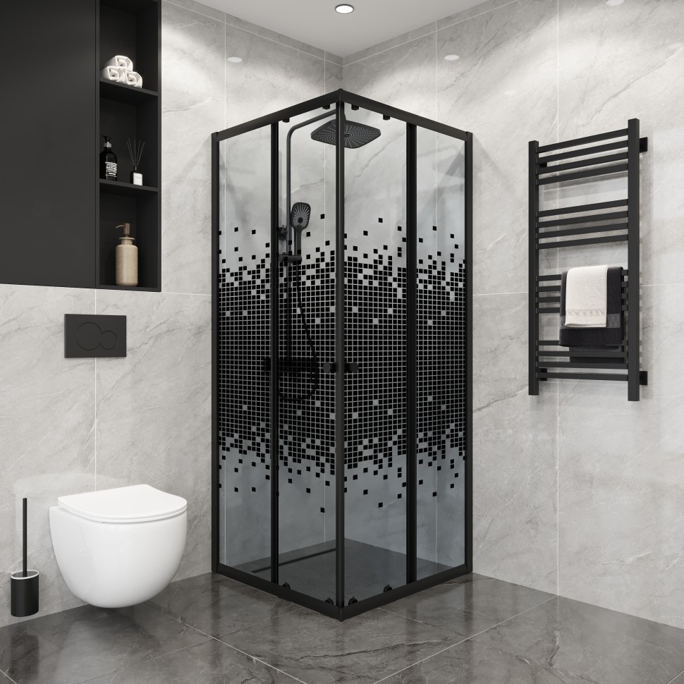 Душевое ограждение Niagara Eco NG-1010-14QBLACK (100х100х190) квадрат,раздвижное,черный,стекло мозаика,1 место