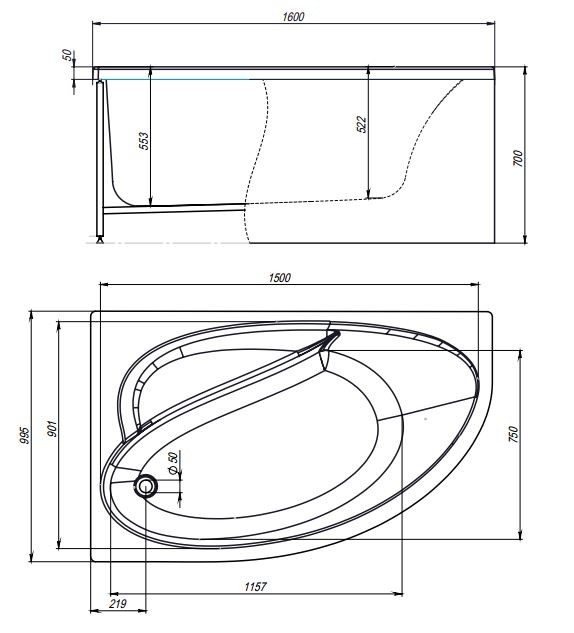 Комплект Акриловая ванна TIMO IVA1610L 160*100*70+Каркас + Слив-перелив+Гидромассаж 6 форсунок+Фронтальная панель