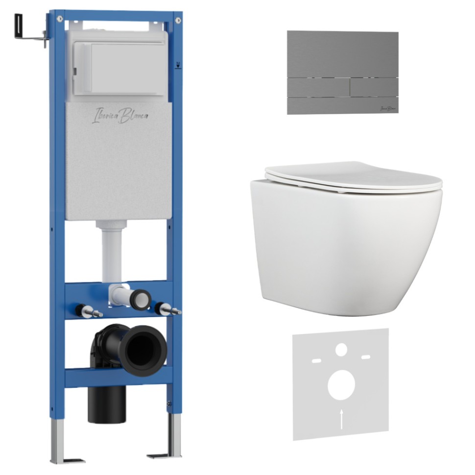 Комплект 3в1 IBERICA BLANCA инсталляция SILENCIO MINI, унитаз BILBAO ALTO белый, кнопка смыва INOX-S вороненая сталь (IB.001M.BLA.231.1602)