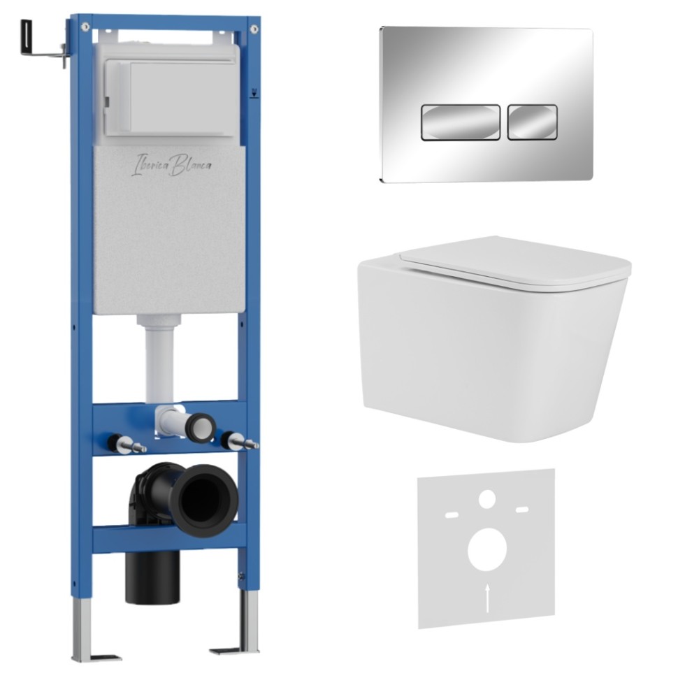 Комплект 3в1 IBERICA BLANCA инсталляция SILENCIO MINI, унитаз TOLEDO ALTO белый, кнопка смыва ESTI-R хром глянцевый (IB.001M.TLA.234.213)