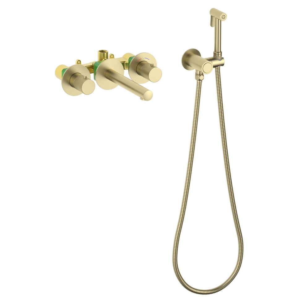 Смеситель для раковины встроенный с термостатом, с гигиеническим душем Timo Saona 2383/17SM золото матовое