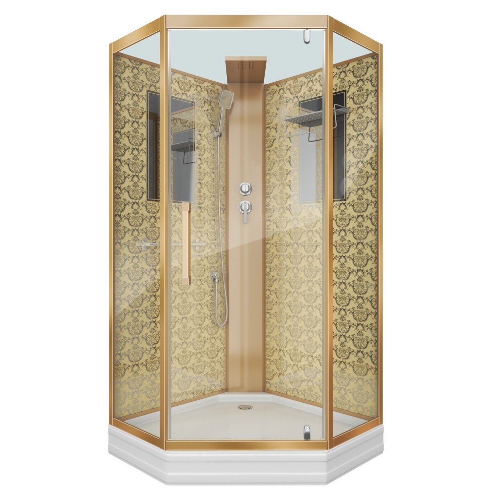 Душевая кабина Niagara Luxe NG-7717GBK (100x100х210) низкий поддон(15см),дверь распашная,стенки золото,без крыши,4 места