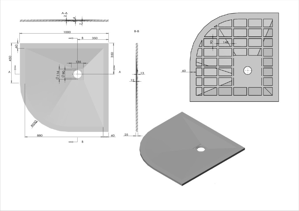 Поддон для душа из искусственного камня  VST-4SQ1010W, 1000*1000*25, белый матовый