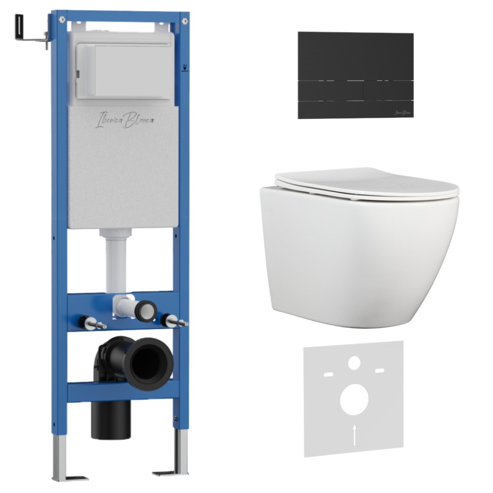 Комплект 3в1 IBERICA BLANCA инсталляция SILENCIO MINI, унитаз BILBAO ALTO белый, кнопка смыва INOX-S черный матовый (IB.001M.BLA.231.1604)