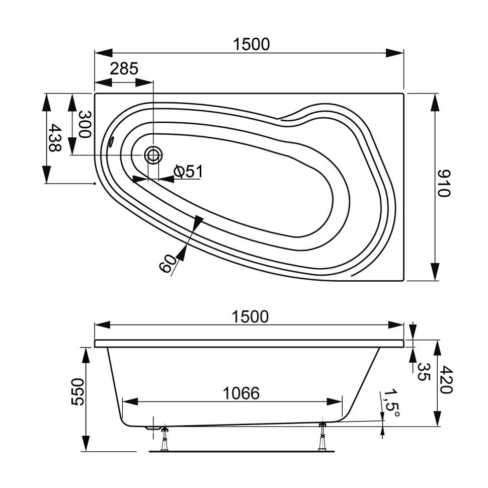 Акриловая ванна VAGNERPLAST AVONA 150x90 Right