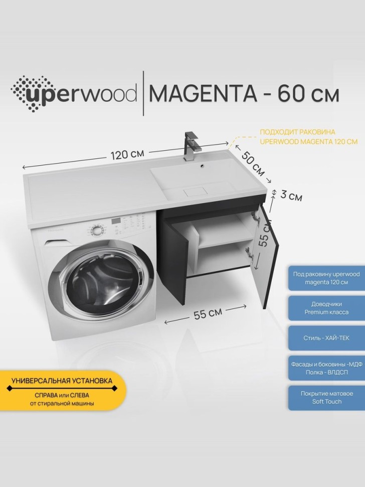 Тумба под стиральную машину подвесная Uperwood Magenta 55х50х55 см, черная, с дверцами
