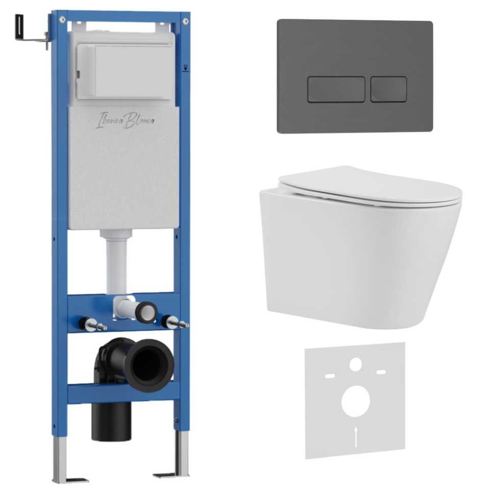 Комплект 3в1 IBERICA BLANCA инсталляция SILENCIO MINI, унитаз BURGOS ALTO белый, кнопка смыва ESTI-R серый матовый (IB.001M.BRA.234.218)