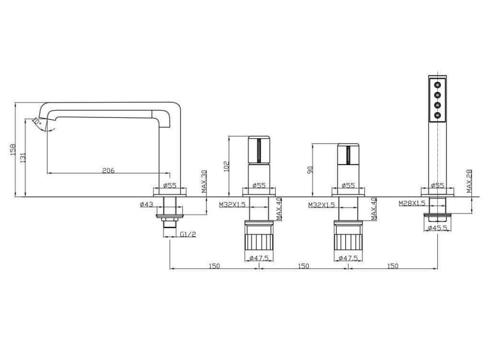 Смеситель на борт ванны BelBagno UNO UNO-BVD4-CRM