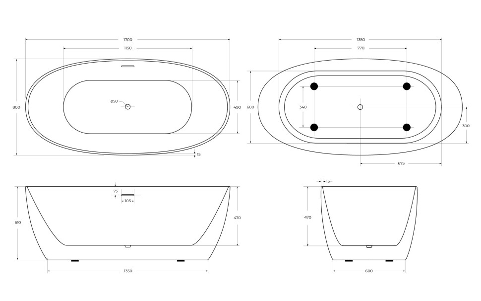 Акриловая ванна BELBAGNO BB414-1700-800
