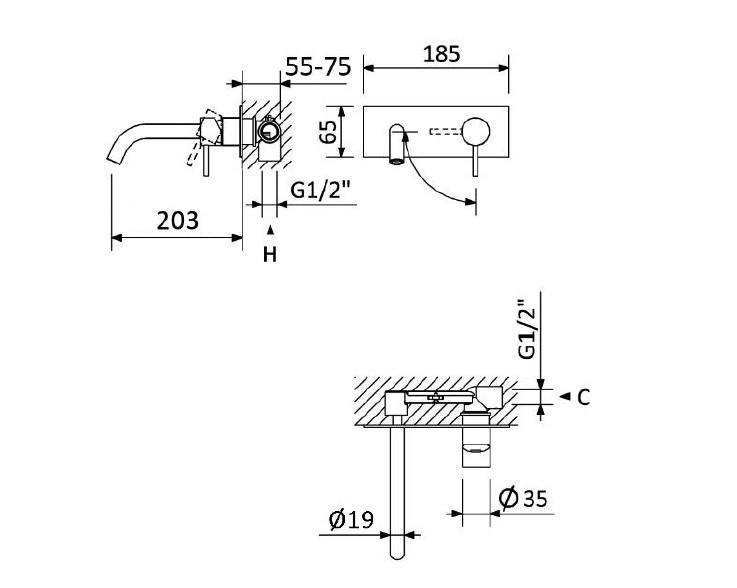 Смеситель для раковины встраиваемый CEZARES LEAF-BLI1-20-L-01-W0