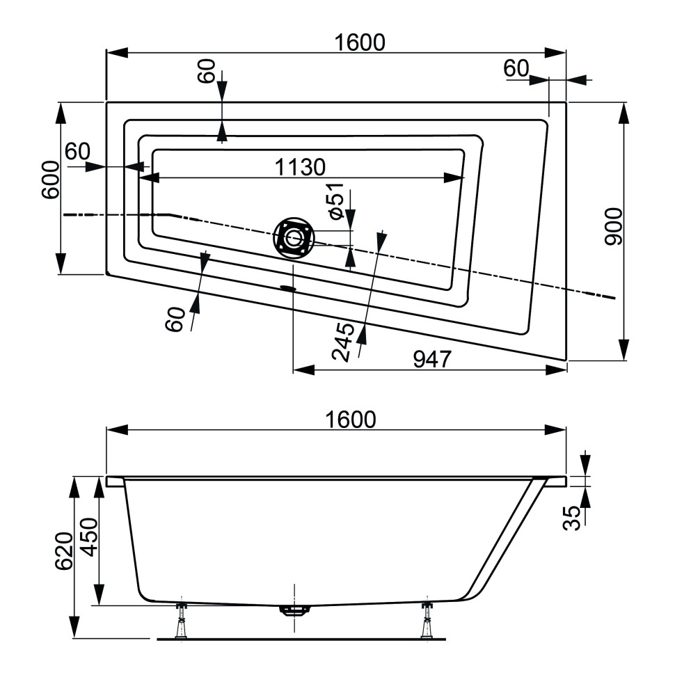 Акриловая ванна VAGNERPLAST CAVALLO OFFSET 160x90 Left